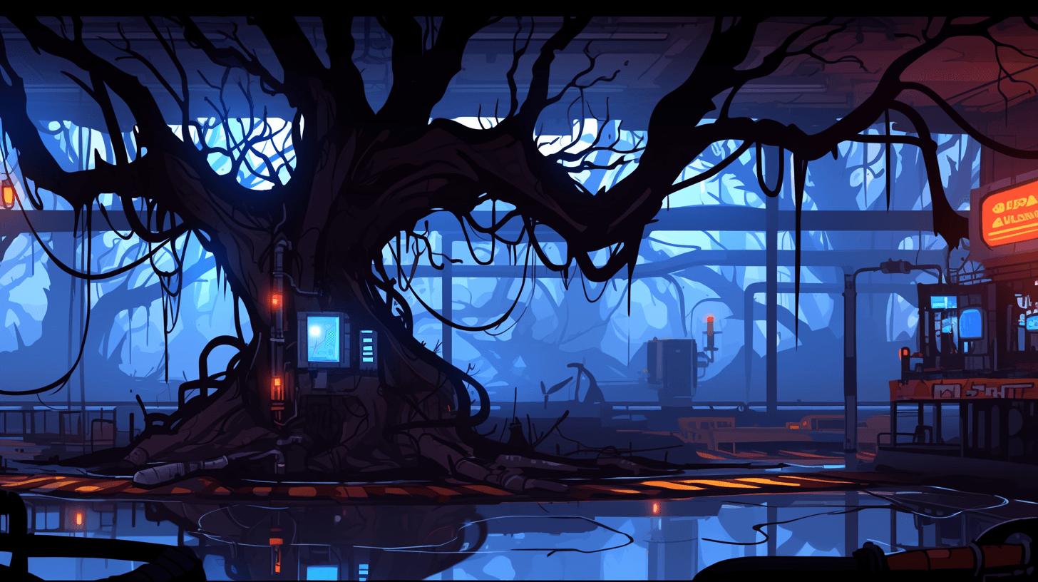 A cel-shaded anime depiction of an immense undergrou - AI-generated image created with Midjourney. Prompt: "A cel-shaded anime depiction of an immense undergrou"