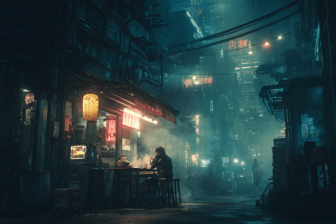 A cinematic medium shot of a character eating ramen - AI-generated image created with Midjourney. Prompt: "A cinematic medium shot of a character eating ramen"