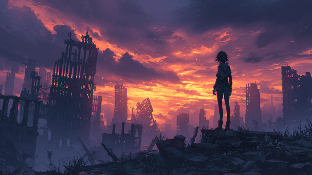 A solitary survivor overlooks a desolate ruined city - AI-generated image created with Midjourney. Prompt: "A solitary survivor overlooks a desolate ruined city"