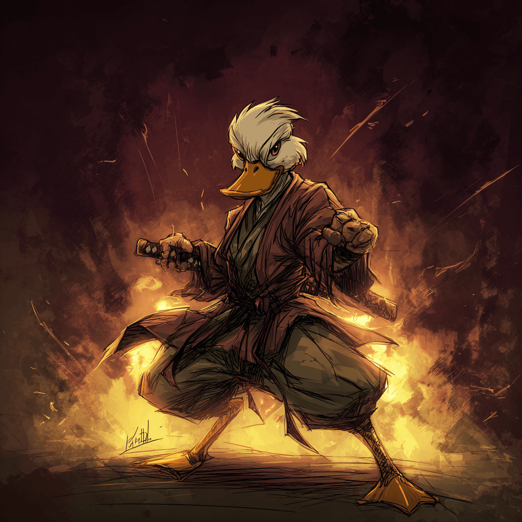 An American martial arts duck called Duck Norris - AI-generated image created with Midjourney. Prompt: "An American martial arts duck called Duck Norris"