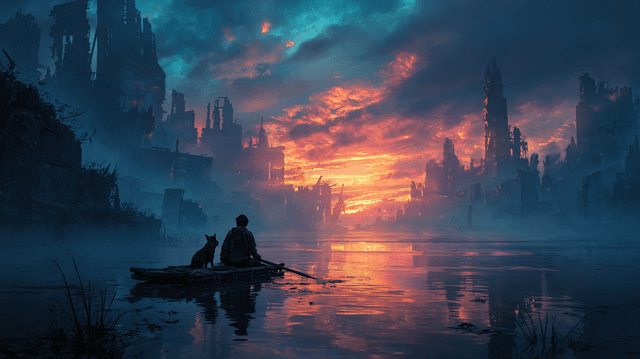 Hopeful cinematic shot of a man and his dog navigati - AI-generated image created with Midjourney. Prompt: "Hopeful cinematic shot of a man and his dog navigati"