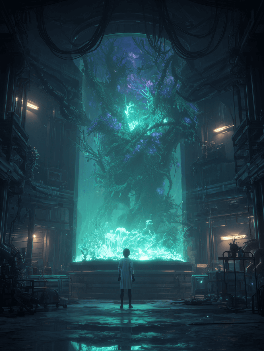 In a high-tech bio-laboratory a scientist in a clean - AI-generated image created with Midjourney. Prompt: "In a high-tech bio-laboratory a scientist in a clean"