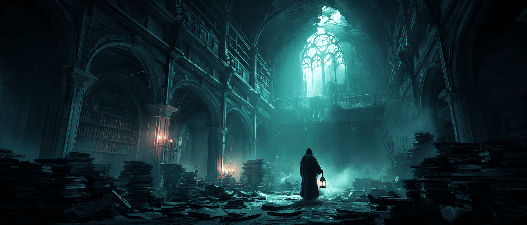 Vast abandoned Gothic library interior towering book - AI-generated image created with Midjourney. Prompt: "Vast abandoned Gothic library interior towering book"