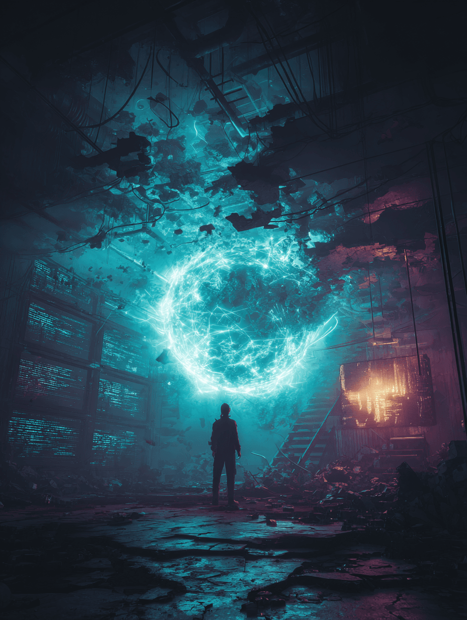 Abandoned underground AI control center fractured gl - AI-generated image created with Midjourney. Prompt: "abandoned underground AI control center fractured gl"