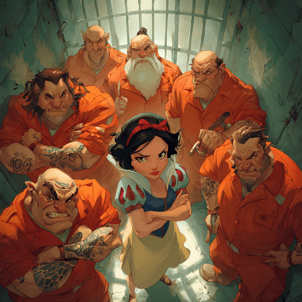 Seven dwarves as inmates in a prison cell all wearin - AI-generated image created with Midjourney. Prompt: "seven dwarves as inmates in a prison cell all wearin"