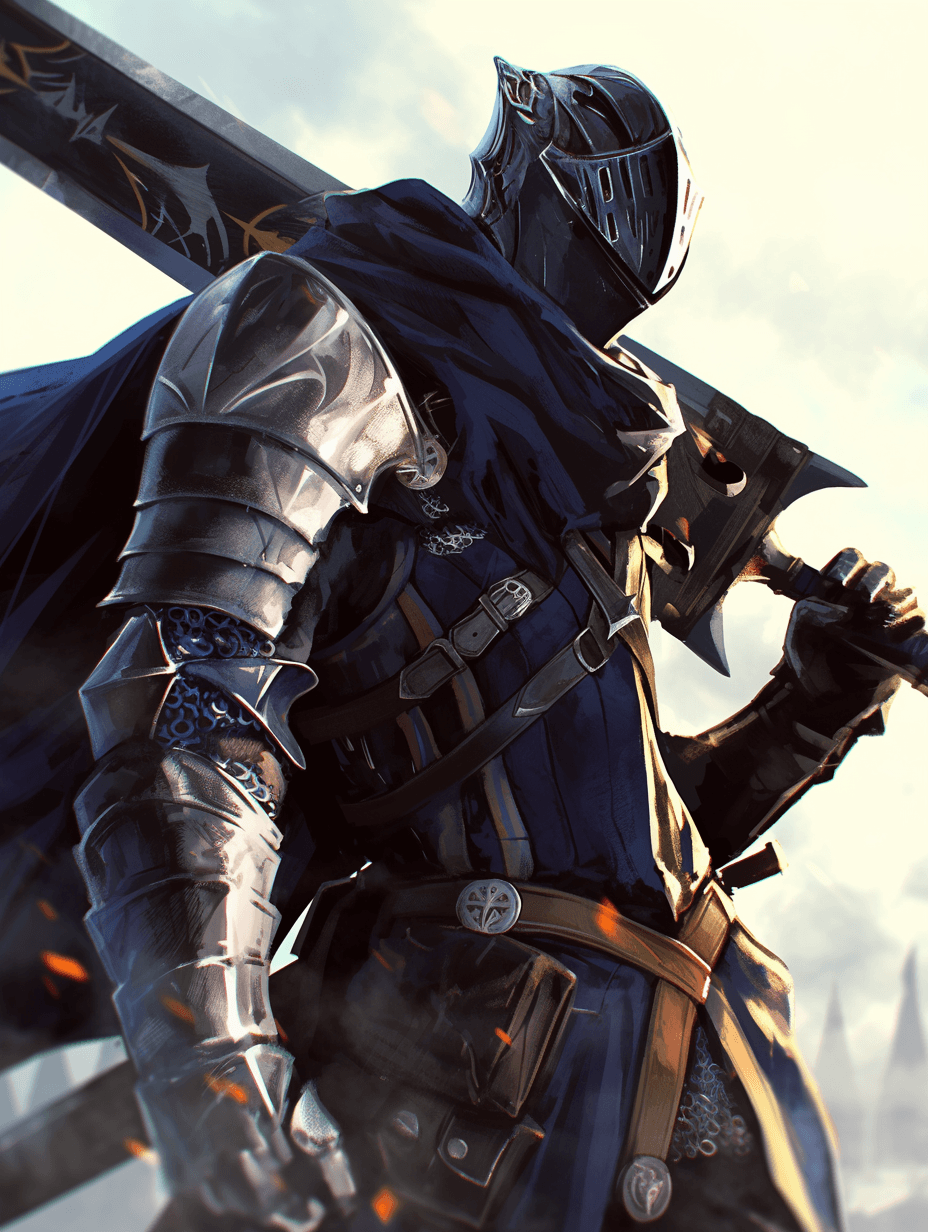 Shot of a lone heavily scarred warrior with a coloss - AI-generated image created with Midjourney. Prompt: "shot of a lone heavily scarred warrior with a coloss"