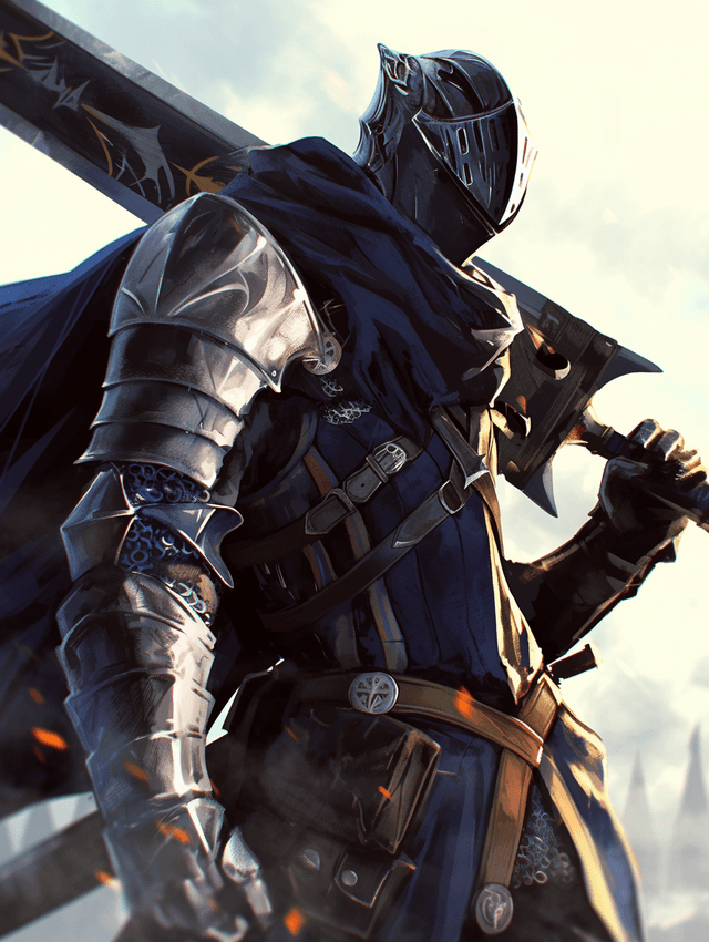 Shot of a lone heavily scarred warrior with a coloss - AI-generated image created with Midjourney. Prompt: "shot of a lone heavily scarred warrior with a coloss"