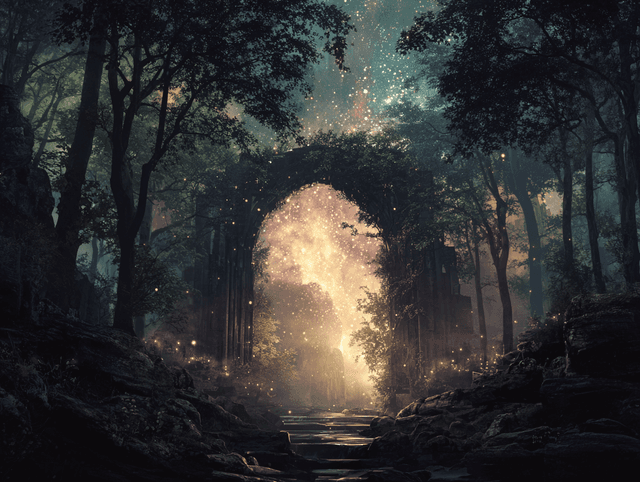 The arch through which gleams the untravelled world - AI-generated image created with Midjourney. Prompt: "the arch through which gleams the untravelled world"